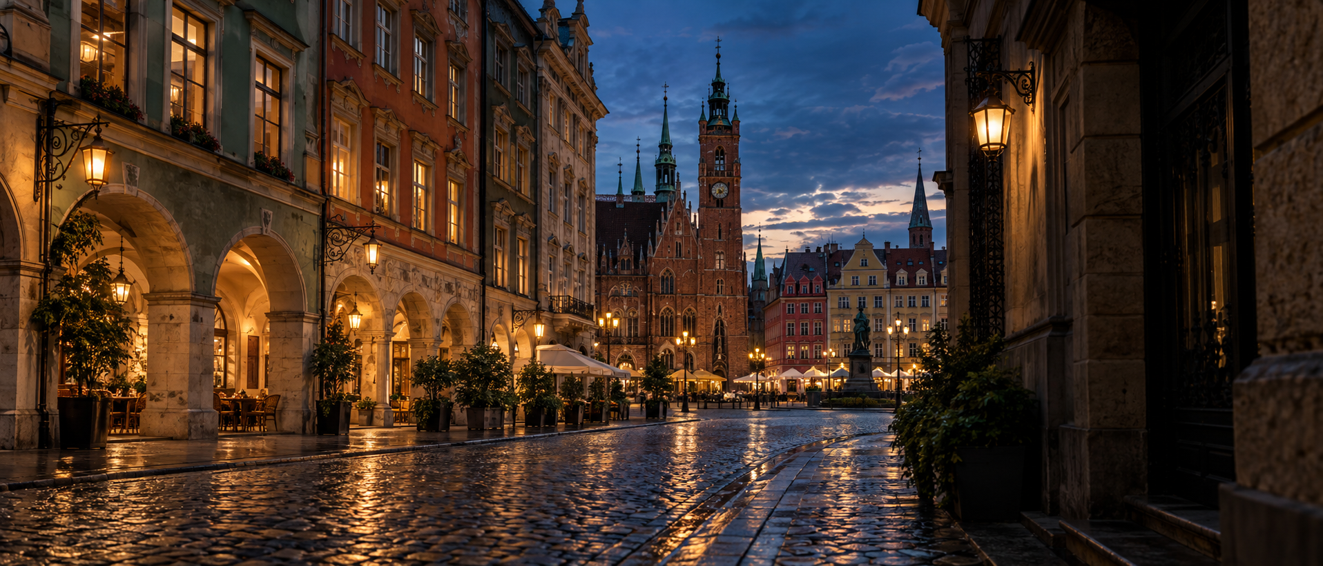 Redakcyjna ulica w centrum Wrocławia wieczorem